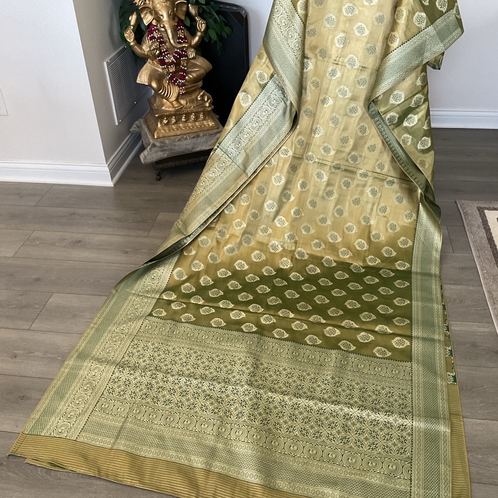 Silk tissue gold saree sari lehenga Brocade Green and Gold Women's